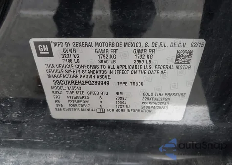 2015 Chevrolet Silverado 1500 1Lt from USA, damaged, VIN 3GCUKREH2FG289949